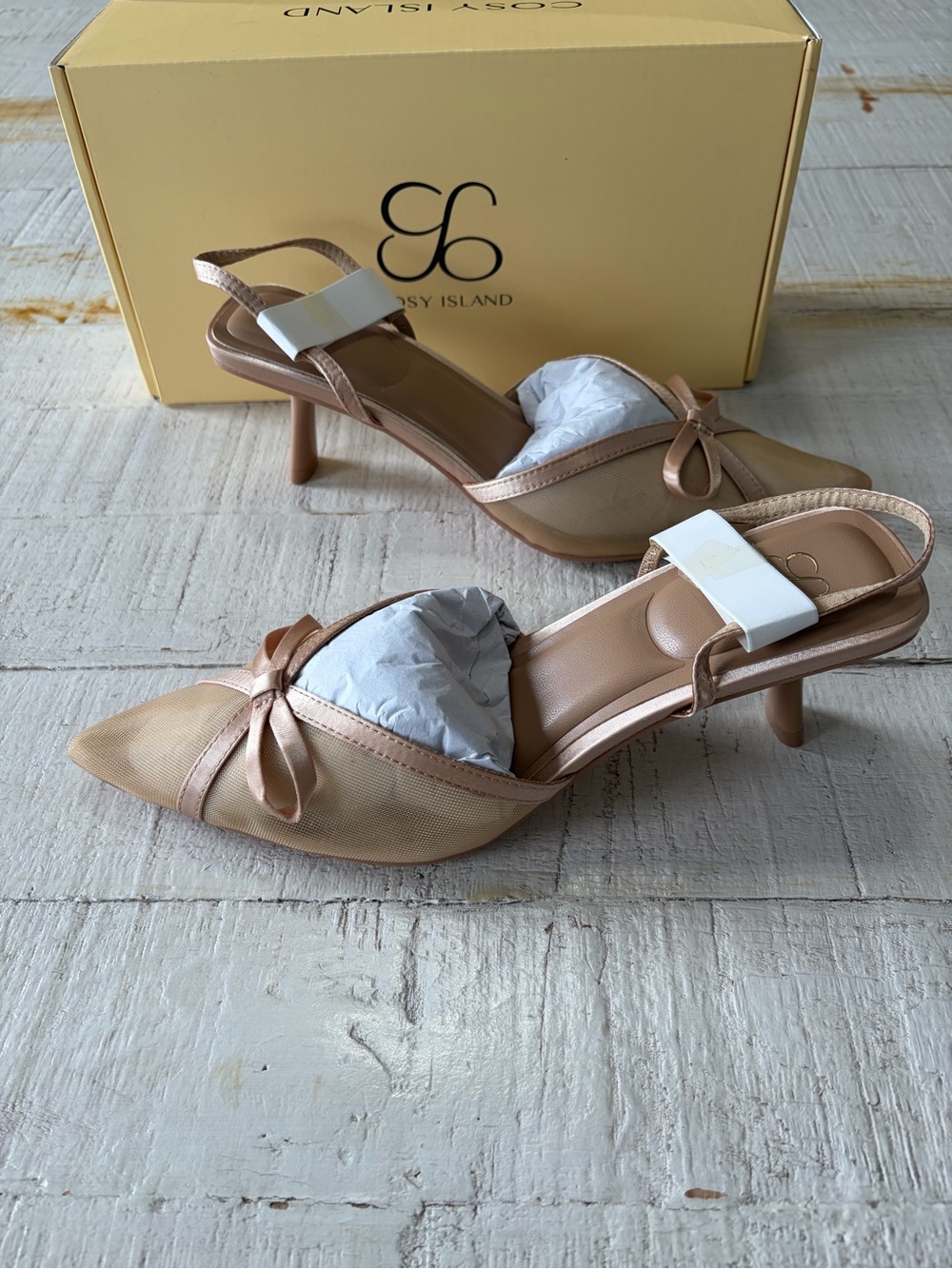 Cosy Island NEW size 7 Women's Nude  Mesh Bow Slingback Heels Pointed Toe